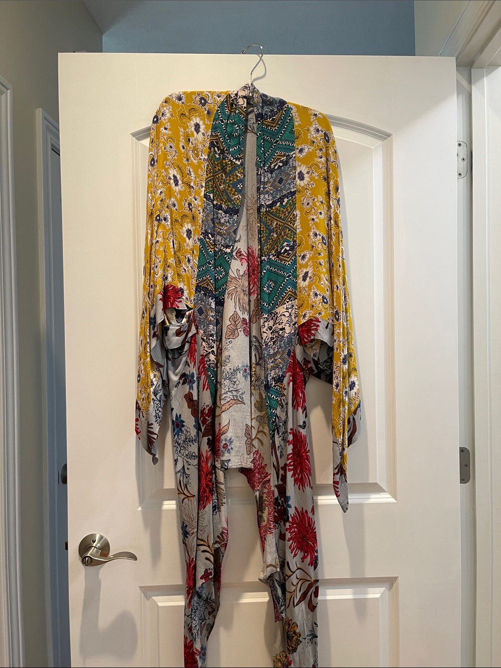 Umgee Boho Patchwork Floral Draped Kimono - Yellow, Green, Red